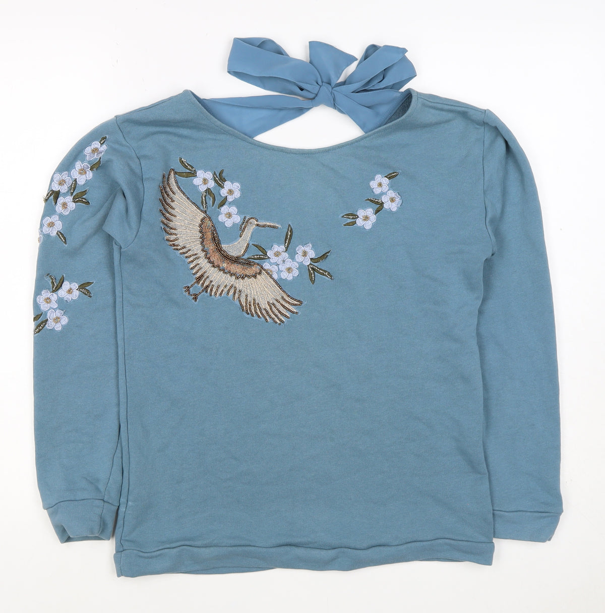 Back view of Naf Naf Women’s Blue S Embroidered Beaded Bird Tie Back Sweatshirt