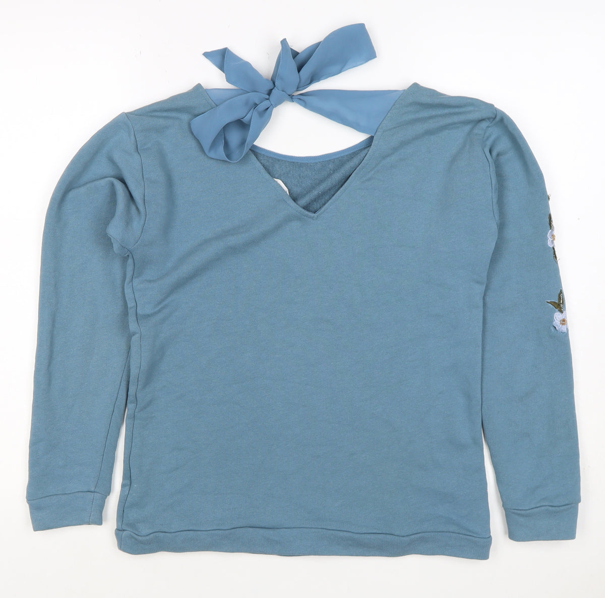 Close-up detail of Naf Naf Women’s Blue S Embroidered Beaded Bird Tie Back Sweatshirt