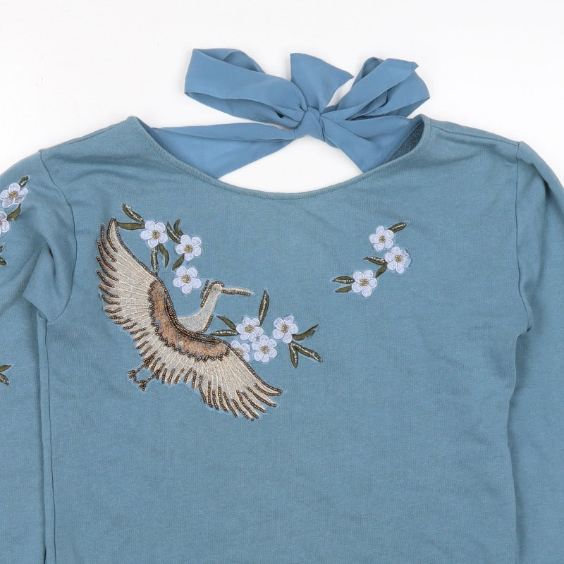 Additional view of Naf Naf Women’s Blue S Embroidered Beaded Bird Tie Back Sweatshirt