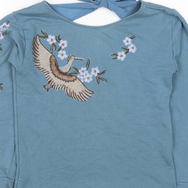 Additional view of Naf Naf Women’s Blue S Embroidered Beaded Bird Tie Back Sweatshirt