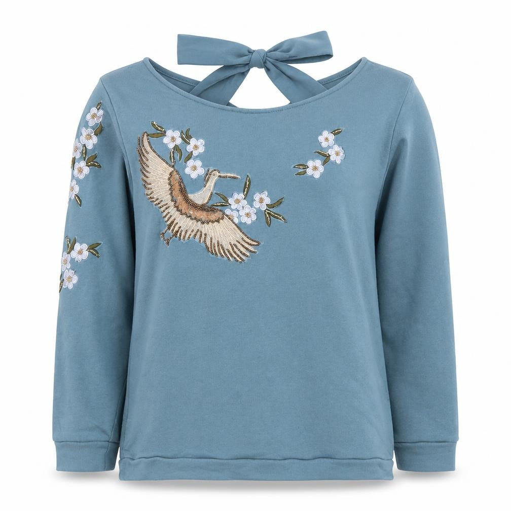 Front view of Naf Naf Women’s Blue S Embroidered Beaded Bird Tie Back Sweatshirt
