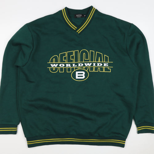 boohooMAN Men’s Green M V-Neck Graphic Print Pullover Sweatshirt