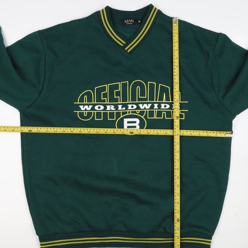 boohooMAN Men’s Green M V-Neck Graphic Print Pullover Sweatshirt