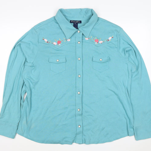Casual & Co Womens Blue 2XL Embroidered Floral Snap Front Sweatshirt