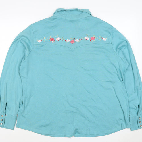 Casual & Co Womens Blue 2XL Embroidered Floral Snap Front Sweatshirt
