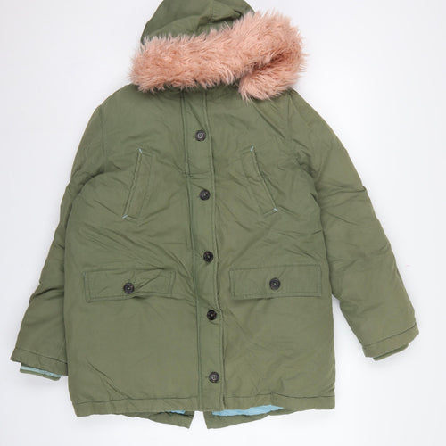 Boden Girls Green Parka Coat 15-16 Years Pink Faux Fur Hood Winter