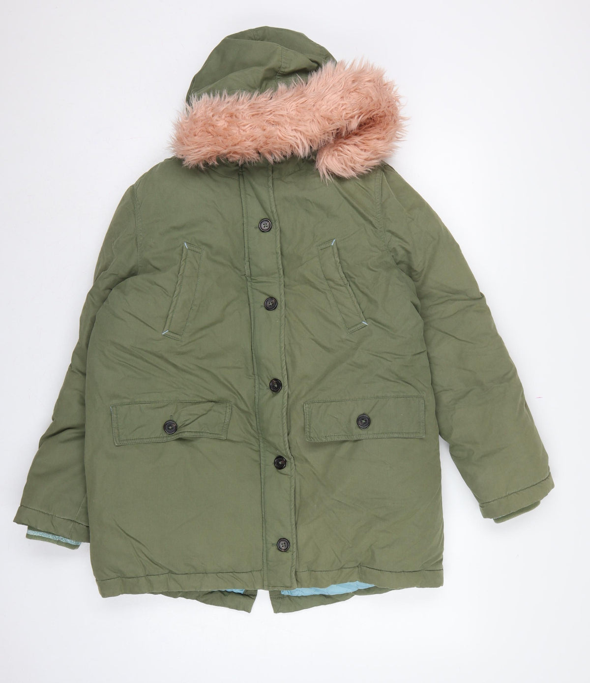 Boden Girls Green Parka Coat 15-16 Years Pink Faux Fur Hood Winter