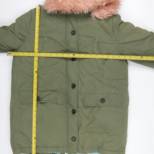 Boden Girls Green Parka Coat 15-16 Years Pink Faux Fur Hood Winter