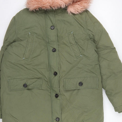 Boden Girls Green Parka Coat 15-16 Years Pink Faux Fur Hood Winter