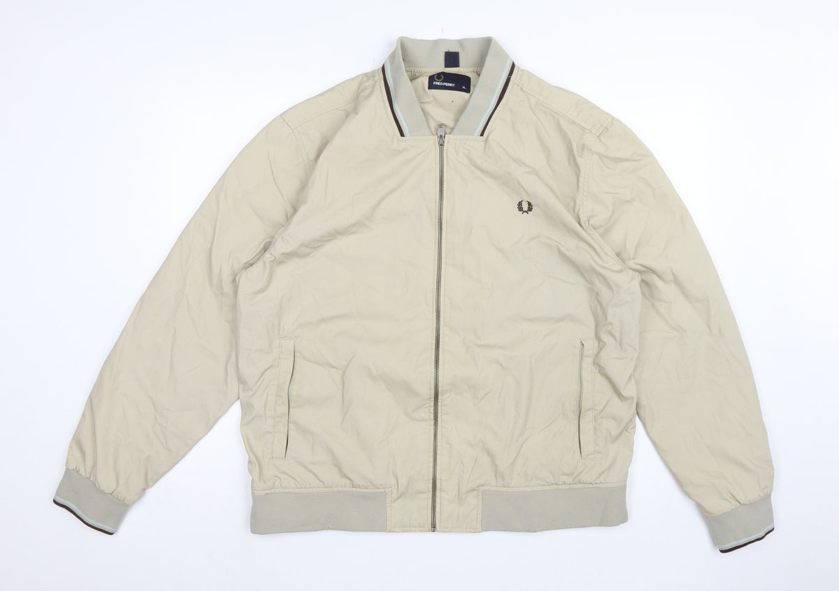 Fred Perry Men’s Beige XL Bomber Jacket Full Zip Logo Cotton Blend
