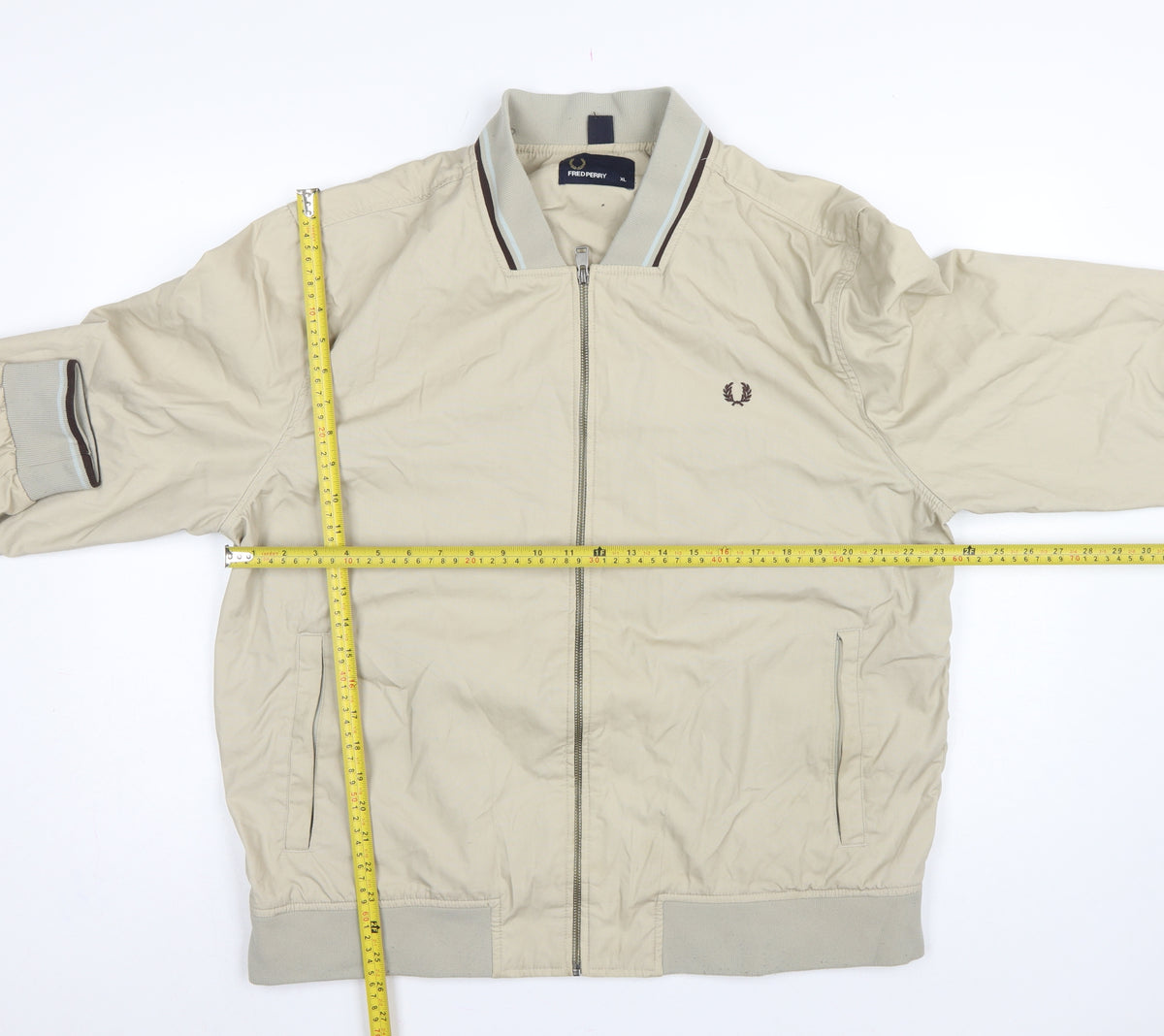 Fred Perry Men’s Beige XL Bomber Jacket Full Zip Logo Cotton Blend