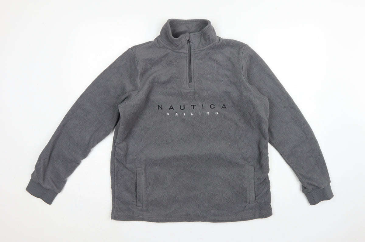 Nautica Men's Grey M 1/4 Zip Fleece Pullover Sweatshirt Logo Pockets