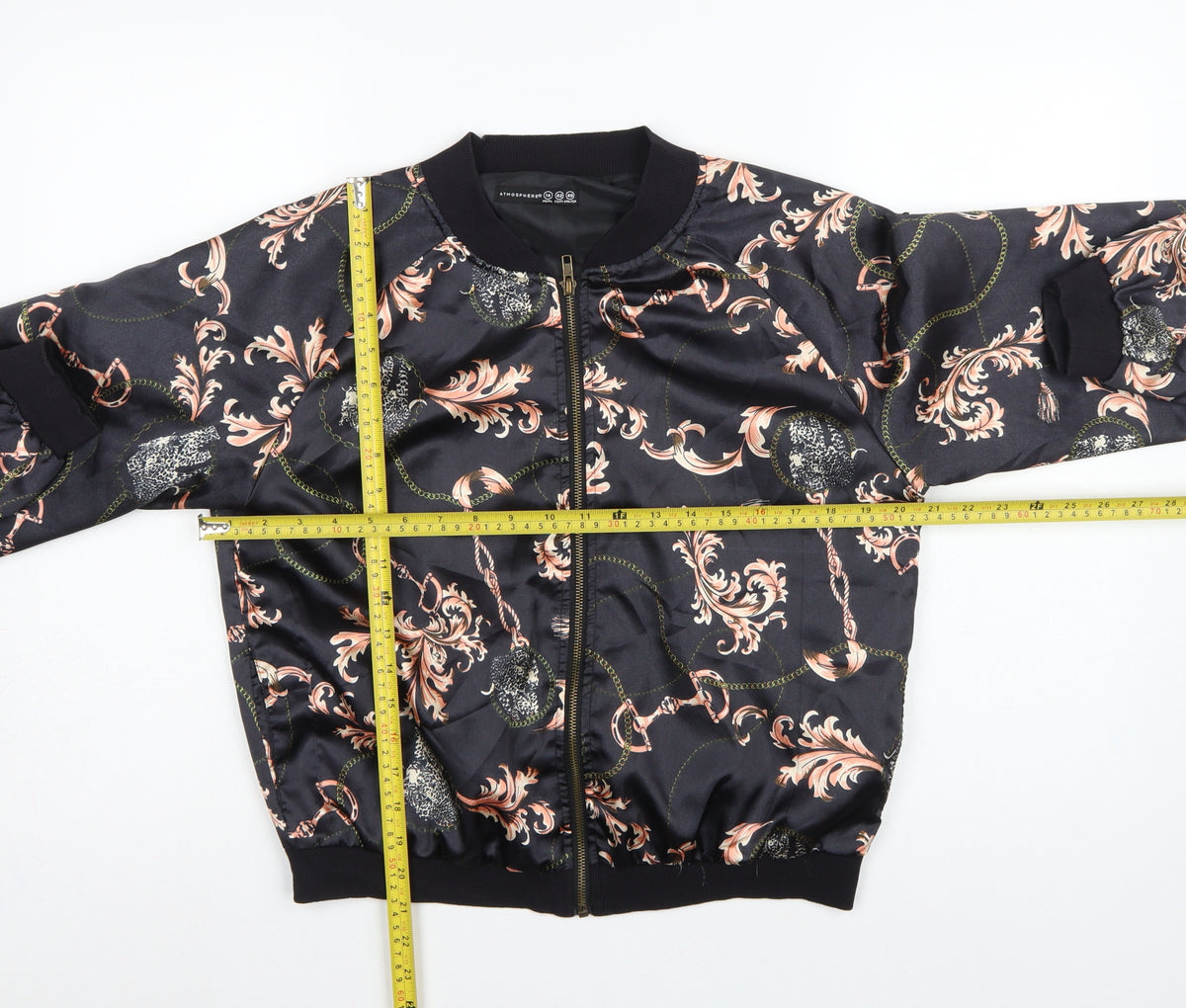 Atmosphere Women’s Black Baroque Chain Satin Bomber Jacket UK 14