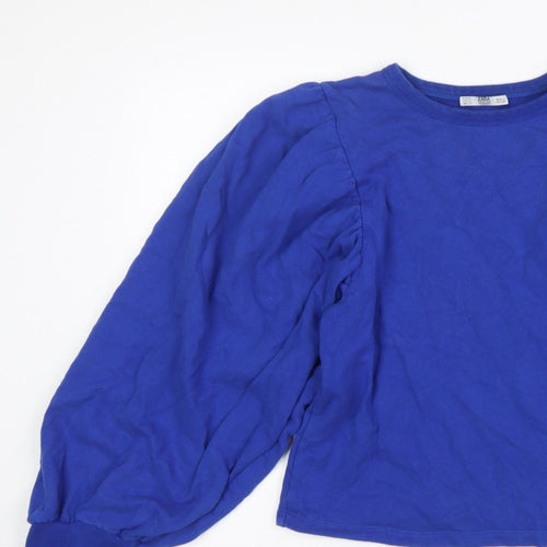 Zara Women Blue S Cotton Pullover Sweatshirt Balloon Sleeve Crew Neck