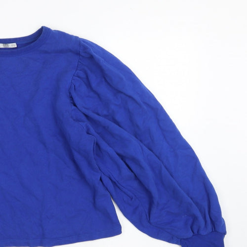 Zara Women Blue S Cotton Pullover Sweatshirt Balloon Sleeve Crew Neck