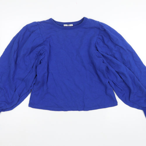 Zara Women Blue S Cotton Pullover Sweatshirt Balloon Sleeve Crew Neck