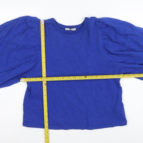 Zara Women Blue S Cotton Pullover Sweatshirt Balloon Sleeve Crew Neck