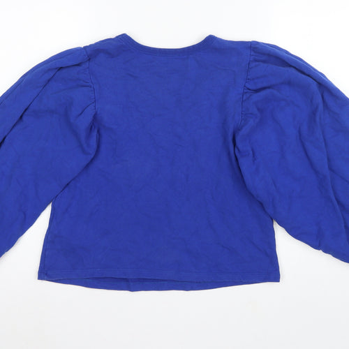 Zara Women Blue S Cotton Pullover Sweatshirt Balloon Sleeve Crew Neck