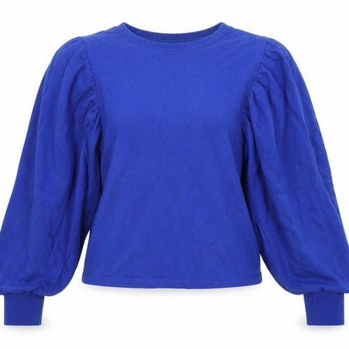 Zara Women Blue S Cotton Pullover Sweatshirt Balloon Sleeve Crew Neck
