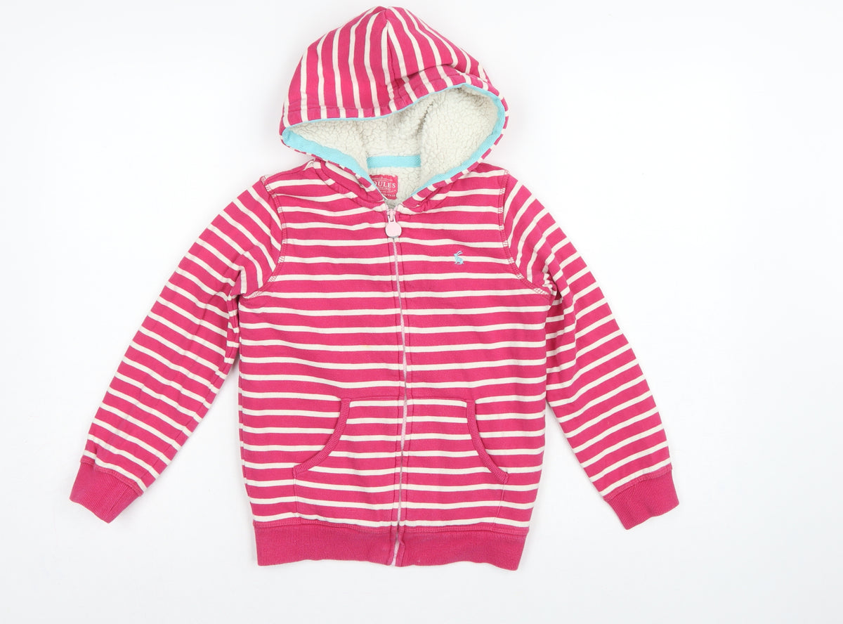 Joules Girls Pink Striped Full Zip Sherpa Lined Hoodie Age 7-8 Years