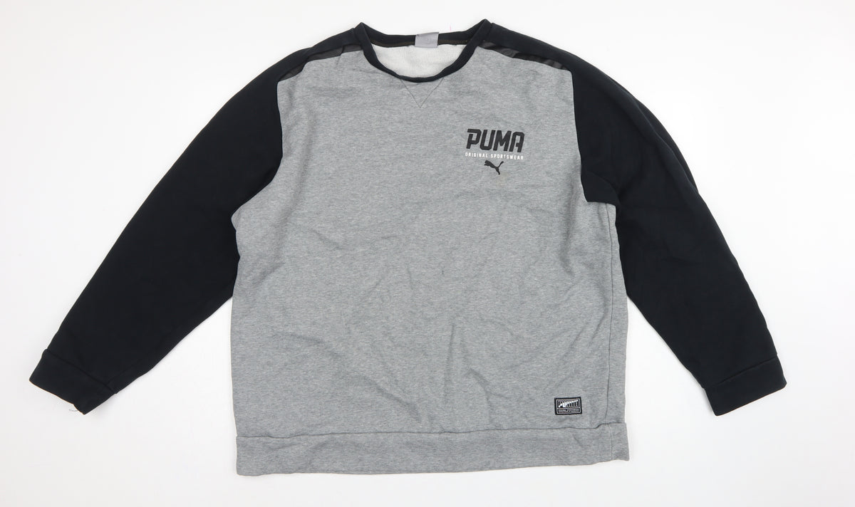 Puma Men’s Grey Black XXL Logo Fleece Crew Neck Pullover Sweatshirt
