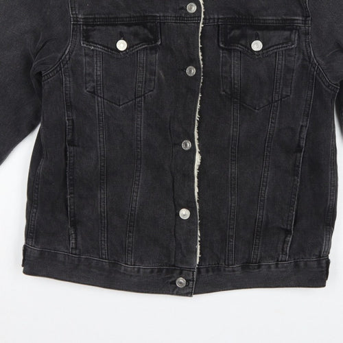 Topshop Women Black UK 8 Sherpa Lined Denim Jacket Button Casual