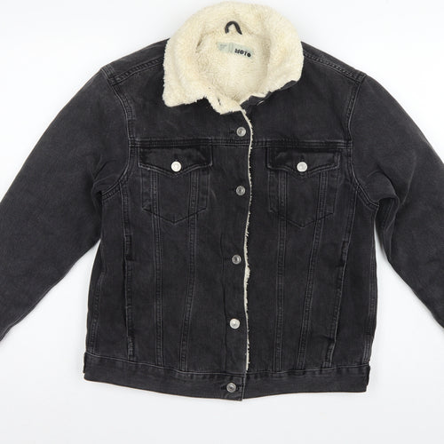 Topshop Women Black UK 8 Sherpa Lined Denim Jacket Button Casual