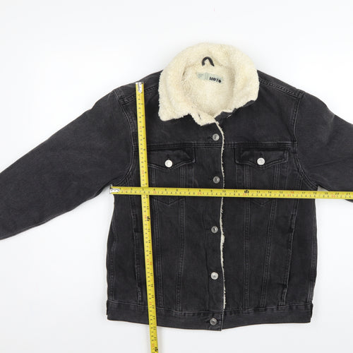 Topshop Women Black UK 8 Sherpa Lined Denim Jacket Button Casual