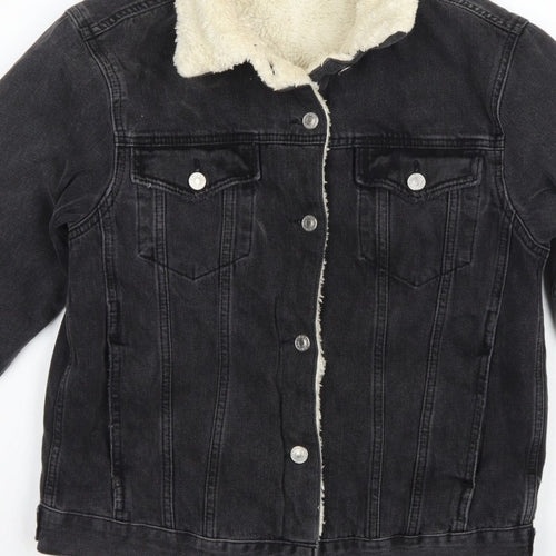 Topshop Women Black UK 8 Sherpa Lined Denim Jacket Button Casual