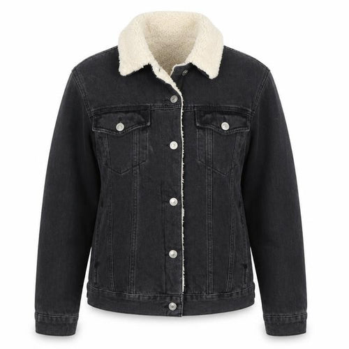Topshop Women Black UK 8 Sherpa Lined Denim Jacket Button Casual