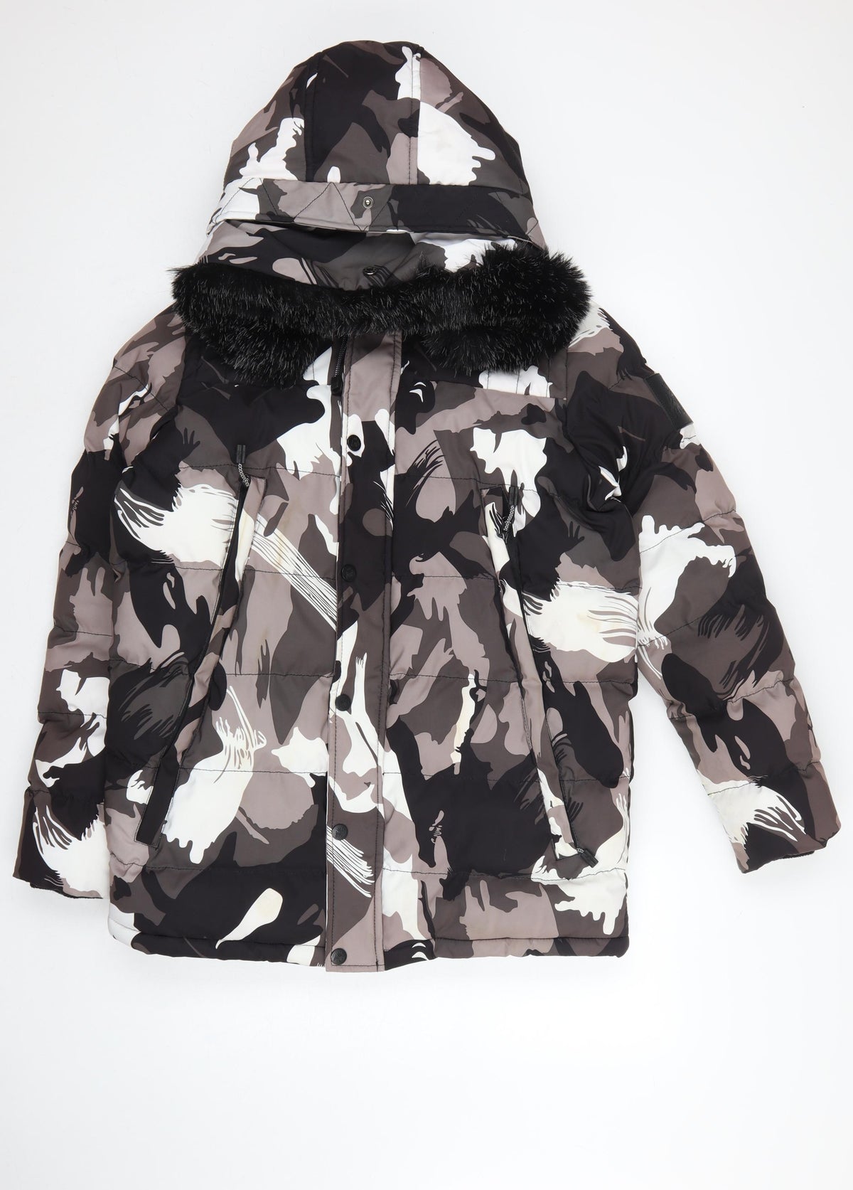 KWD Men's Multicoloured S Camo Puffer Jacket Hood Faux Fur Trim