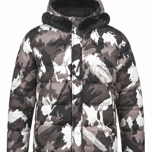 KWD Men's Multicoloured S Camo Puffer Jacket Hood Faux Fur Trim
