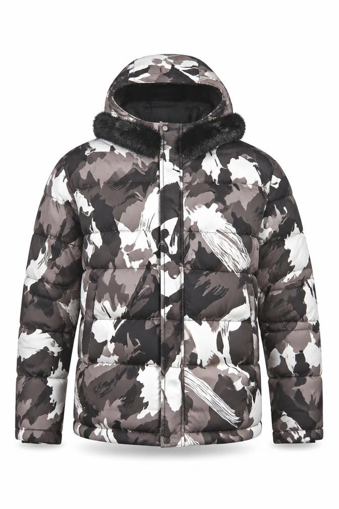 KWD Men's Multicoloured S Camo Puffer Jacket Hood Faux Fur Trim