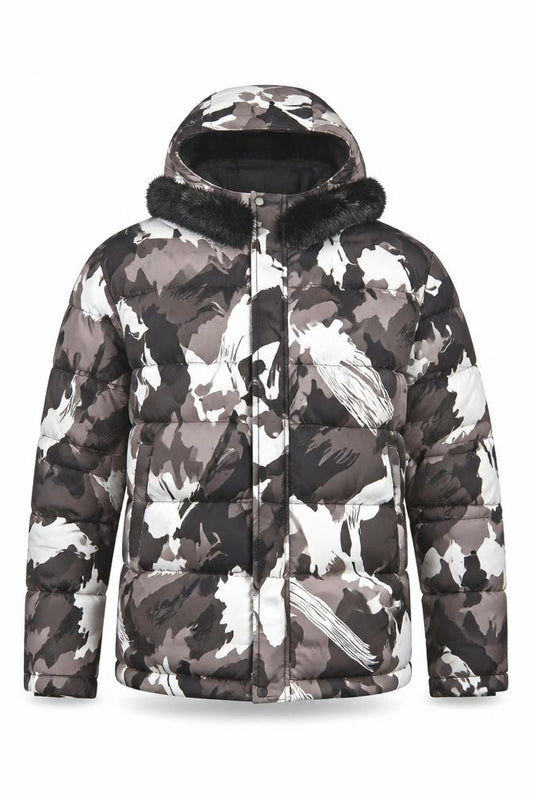 KWD Men's Multicoloured S Camo Puffer Jacket Hood Faux Fur Trim