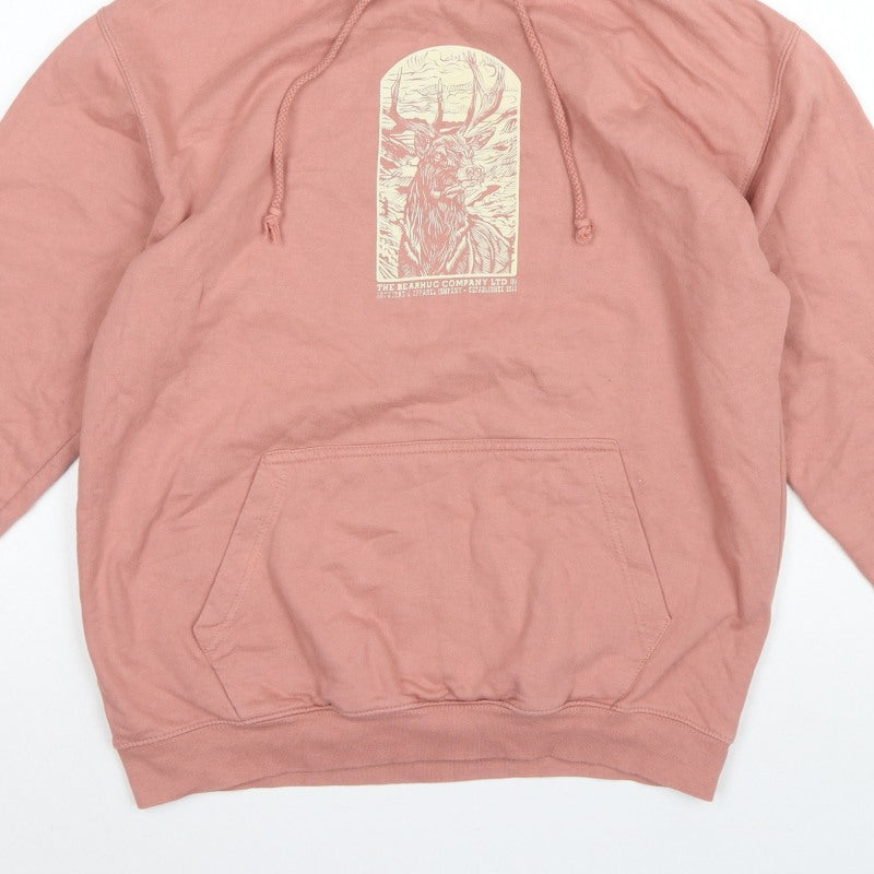 Bearhug Men Pink L Pullover Hoodie Deer Graphic Print Pocket