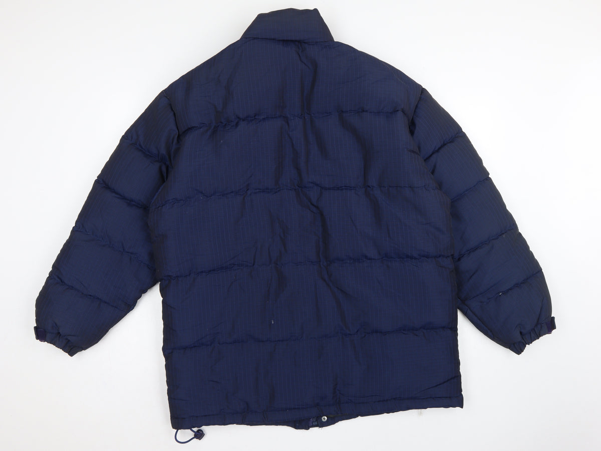 Brand and care label for Atlantic Sport Men's Blue Small Puffer Jacket Quilted Down Insulated