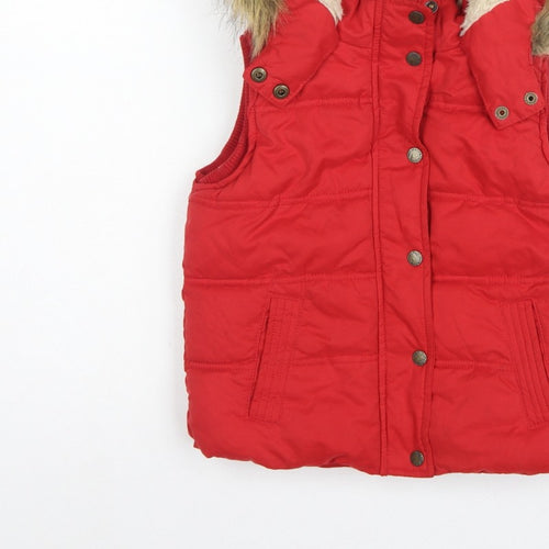 FatFace Girls Red Puffer Gilet 6-7 Years Hooded Faux Fur Trim