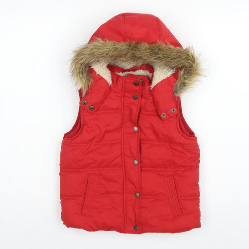 FatFace Girls Red Puffer Gilet 6-7 Years Hooded Faux Fur Trim