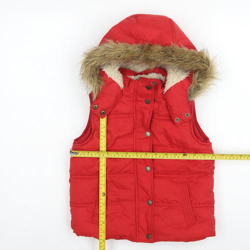 FatFace Girls Red Puffer Gilet 6-7 Years Hooded Faux Fur Trim