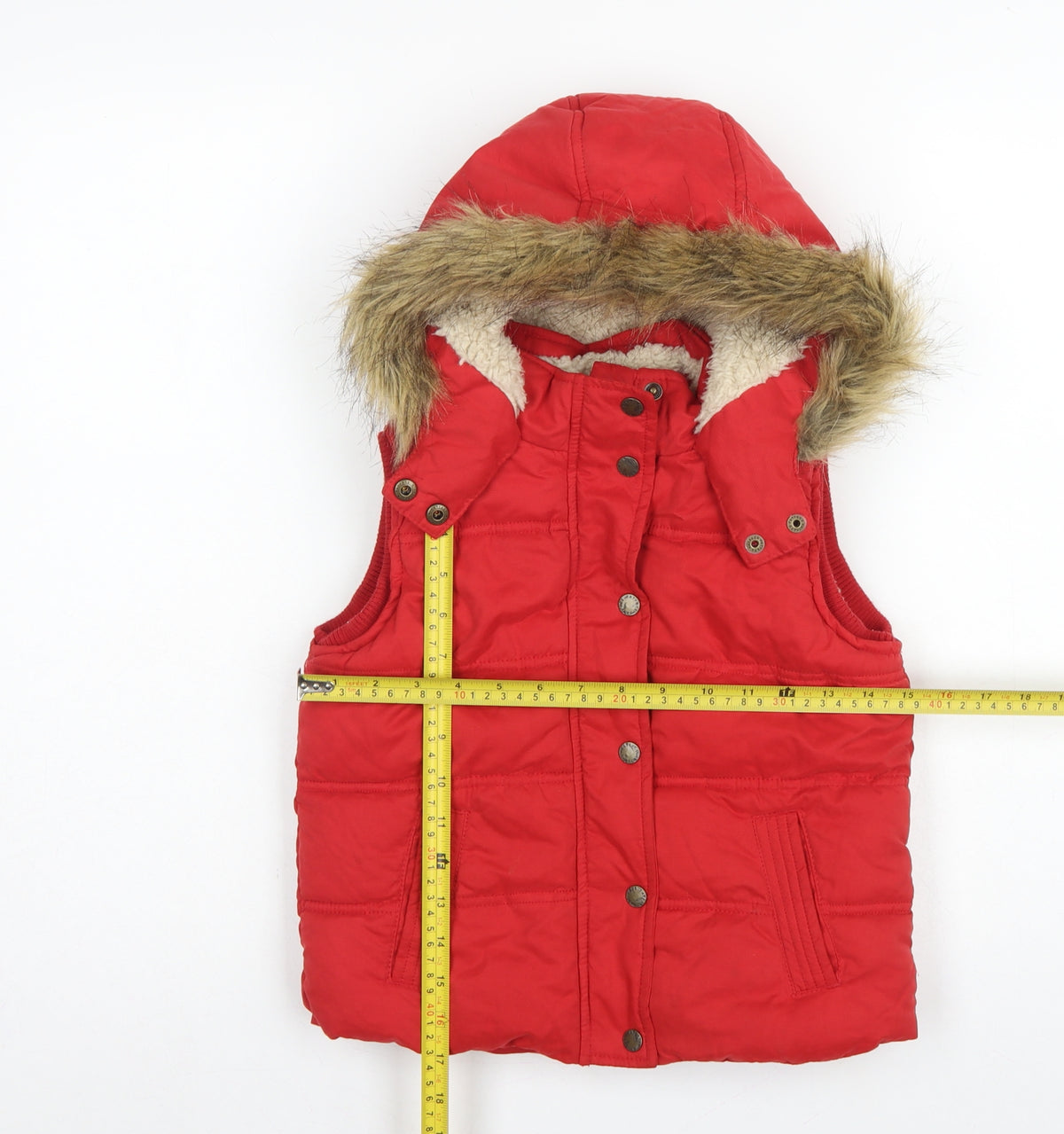 FatFace Girls Red Puffer Gilet 6-7 Years Hooded Faux Fur Trim