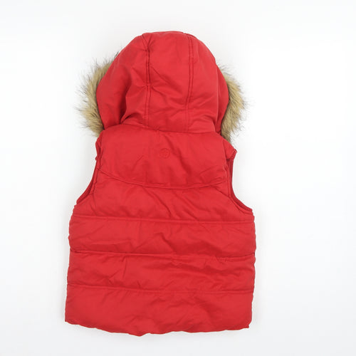 FatFace Girls Red Puffer Gilet 6-7 Years Hooded Faux Fur Trim