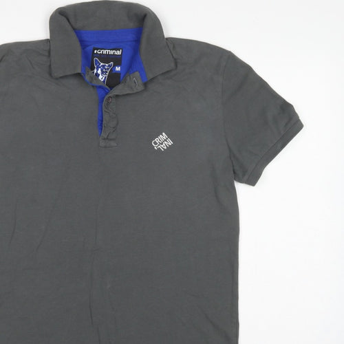 Criminal Men’s Grey Blue Trim Cotton Polo Shirt M Short Sleeve Logo