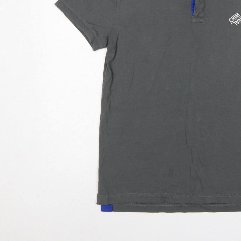 Criminal Men’s Grey Blue Trim Cotton Polo Shirt M Short Sleeve Logo