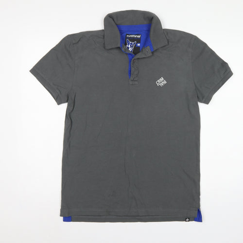 Criminal Men’s Grey Blue Trim Cotton Polo Shirt M Short Sleeve Logo