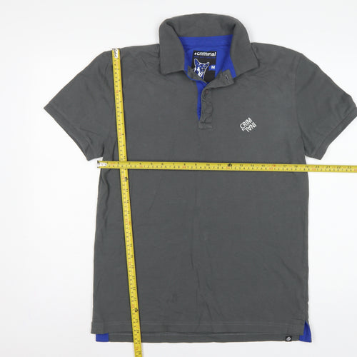 Criminal Men’s Grey Blue Trim Cotton Polo Shirt M Short Sleeve Logo