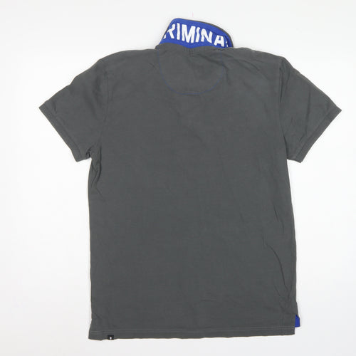 Criminal Men’s Grey Blue Trim Cotton Polo Shirt M Short Sleeve Logo