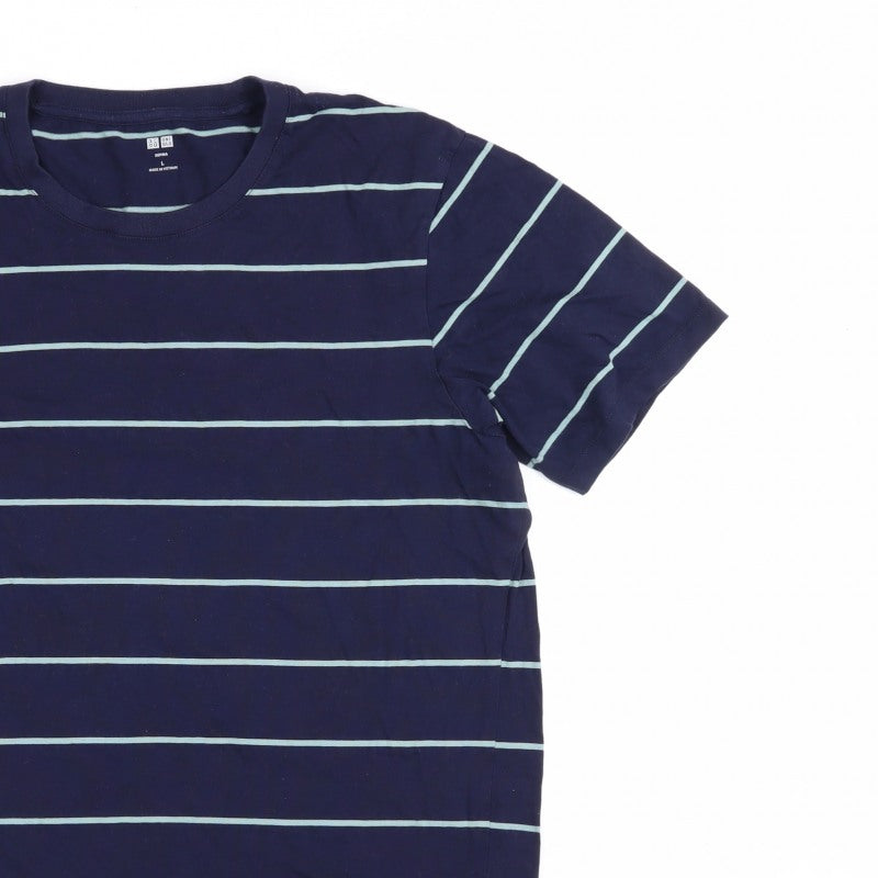 Uniqlo Men's Blue L Supima Cotton Striped Crew Neck T-Shirt