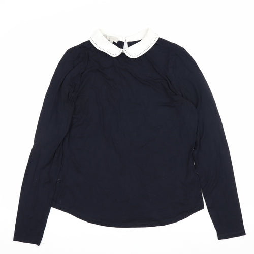 Hobbs Women Blue Size S Jersey Long Sleeve Peter Pan Collar Top