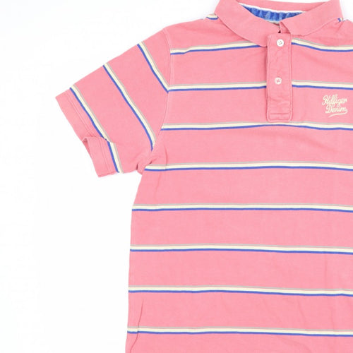 Hilfiger Denim Women’s Pink Striped Cotton Polo Shirt L Short Sleeve