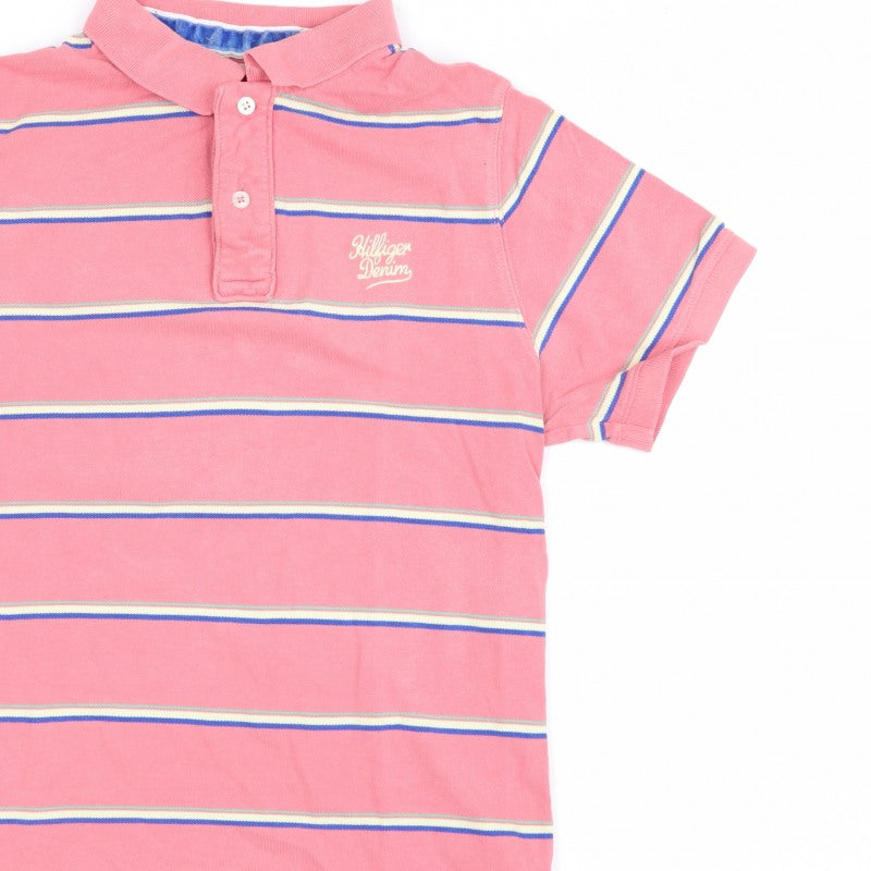 Hilfiger Denim Women’s Pink Striped Cotton Polo Shirt L Short Sleeve